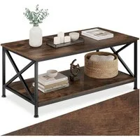 tectake Couchtisch Wohnzimmertisch, 100 x 55 x 45,5 cm, Industrial Style, Holz & Stahl (Sofatisch Pittsburgh, 1-St., in Industrial Holz dunkel, rustikal), Rechteckig, mit unterer Ablage, höhenverstellbare Kunststofffüße