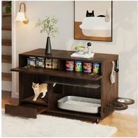 Flieks Mehrzweckschrank bewegbar Katzenkloschrank mit Futternäpfe und Sandauffangschale (100×45,5×67 cm, 1-St) Katzentoilettenschrank mit Rollen, Acryltür und Lochplatte Holzoptik