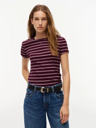 Tommy Jeans (PVH Group) - TJW SLIM ESSENTIAL RIB SS EXT Calypso Berry/Pink Stripe - Gr. - XS
