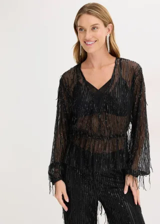 bonprix Pailletten-Bluse mit Fransen, schwarz, Gr.34, Pailletten-Bluse aus leicht elastischem Material mit Pailletten-Fransen und tiefem Ausschnitt vorne. Ungefüttert.