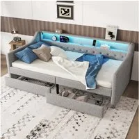 Flieks Daybett, LED Polsterbett Tagesbett 90x200cm mit 2 Schubladen, USB-Ladebuchse