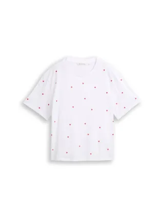 Denim Tom Tailor - Boxy Fit T-Shirt mit Stickereien white red heart embroidery - Gr. - S