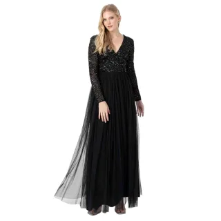 Maya Deluxe - Kittel für Damen, V-Ausschnitt, Langärmlig (Schwarz)