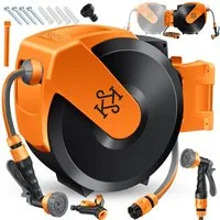 KESSER Gartenschlauch Wasserschlauchtrommel 180° schwenkbar & automatische Aufrollung, (Inklusive ergonomischer 7-Funktionen-Power-Handbrause), Schlauchtrommel mit Gartenschlauch zur Wandmontage Wand-Schlauchbox