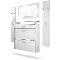 Vladon Garderoben-Set Malea, (Garderobenset bestehend aus 1 Hängeschuhschrank, 1 Wandspiegel und 2 Garderobenpaneele), Weiß matt/Weiß Hochglanz