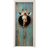 MuchoWow Türtapete Giraffe - Holz - Durchsichtig - Tiere - Kopf, Matt, bedruckt, (1 St), Selbstklebende Tapete, Folie für Möbel, 70x215 cm