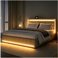 Furnishings Home Polsterbett LED Doppelbett Stauraumbett mit Kopfteil und 4 Schubladen (Leinenmaterial Polsterbett mit RGB Beleuchtung), mit Lattenrost und Ladefunktion, mit Komforthöhe, Leises Design Bett