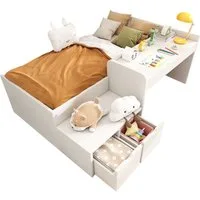 Flieks Kinderbett, Massivholzbett Einzelbett 90x200cm mit Schreibtisch und 2 Schubladen