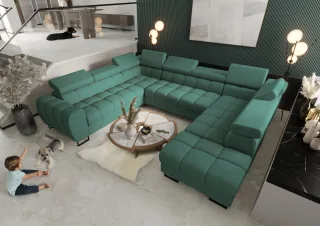 Wohnlandschaft Schlafsofa BASTIEN XL in Stoff Moly Grün Ottomane Rechts