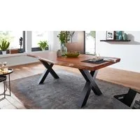 Massivart® Baumkantentisch TOMASO / Massivholz Akazie / 55 mm Tischplatte, Standbeine als X-Gestell / Metall schwarz lackiert / Industrial Look