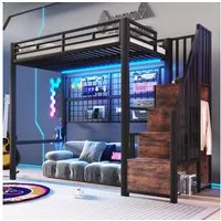 Flieks Hochbett Metallbett Einzelbett 90x200cm mit Led, Kleiderstange, Stauraumfächer