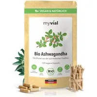 myvial Bio Ashwagandha Kapseln - 500 mg - indische Schlafbeere - hochdosierte Kapseln, vegane Kapseln, Bio Ashwagandha Pulver à 120 St., plastikfrei verpackt, 40 Tage Vorrat, höchste Qualität