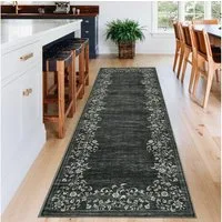 GarveeMore Veloursteppich Waschbarer Vintage Teppich Designteppich Läufer mit floraler Bordüre, Moderner Kurzflor, rutschfest, pflegeleicht & schmutzabweisend