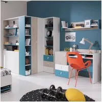 Lomadox Jugendzimmer-Set PITTSBURGH-133, (Sparset, 4-tlg), mit begehbarem Kleiderschrank und Schreibtisch, weiß/Eiche/blau