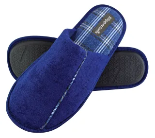 Slipper Snob - Mens Indoor Slip On Mule Hausschuhe | Plain Top Checked Sole | Memory Foam - Navy