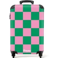 NoBoringSuitcases.com© Hartschalen-Trolley Rosa mit grünem Schachbrettmuster 55x35x20cm, 4 Rollen, Handgepäck Koffer & Trolleys, Luggage, Reisekoffer Frauen