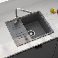 HOROW Granitspüle Granit Spüle in Schwarz 1 Becken Einbauspüle in 57 x 45 cm, 57/45 cm, mit Siphon Ab- und Überlaufgarnitur