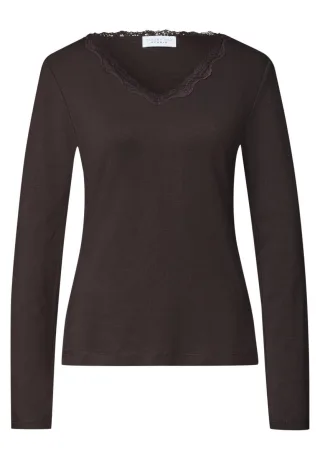 Street One - Langarmshirt mit Spitze braun - Gr. - 34