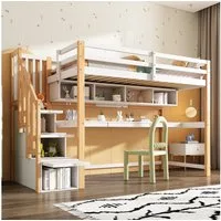 Flieks Hochbett Kinderbett mit Regale, Schreibtisch und Stauraumtreppe 90x200cm