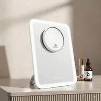 EMKE Kosmetikspiegel Schminkspiegel mit Beleuchtung, 3 Lichtfarben und 3X Vergrößerung, 180° Drehbar USB Wiederaufladbar