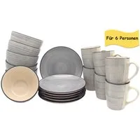 steinwohn Frühstücks-Geschirrset Keramik Frühstücks-Service 12-/18-teilig für 4 oder 6 Personen (18-tlg), Vintage Look, Spülmaschinen- & Mikrowellengeeignet