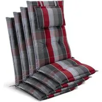 Beautissu Hochlehnerauflage 4x Premium Hochlehnerauflage 120x50x7cm, Grau-Rot-Hellblau-Kariert, Gartenstuhlauflage Hochlehner - Robuster Stoff & UV-Lichtechtheit