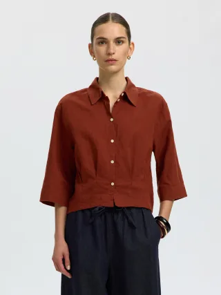 selected women - SLFCLEO REGULAR 3/4 CROPPED SHIRT B Cherry Mahogany - Gr. - 36