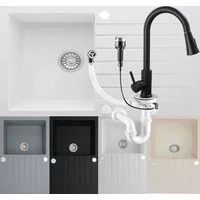 Homeline Küchenspüle Granitspüle Berlinn Schwarz Weiß Beige Grau Küchenspüle 76x44 cm, Eckig, 76/44 cm, (Spar-Set, 3 St., Inklusive Wasserhahn und Ablaufgarnitur), Mehrere Farben