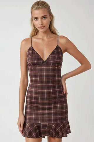 Karo-Mini-Kleid mit V-Ausschnitt