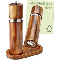 Praknu Salz-/Pfeffermühle Salz und Pfeffermühle aus Akazienholz mit Untersetzer - Nachhaltiges manuell, Nachhaltiges FSC Holz - Langlebiges Keramikmahlwerk - Plastikfrei