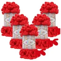 Alize 5 x ALIZE Puffy 56 Red Häkelwolle, 9 m (Wolle), Babywolle Chenillegarn Handstrickgarn Fingerhäkeln Amigurumi