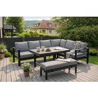 MeXo Gartenlounge-Set XXL Outdoor Lounge Set mit Esstisch, (wetterfeste modulare Ecklounge aus Aluminium, 5-tlg., Gartenmöbel Set für 6-8 Personen), 12cm Deluxe Relax-Sitzkissen, 8 cm breite Armlehne