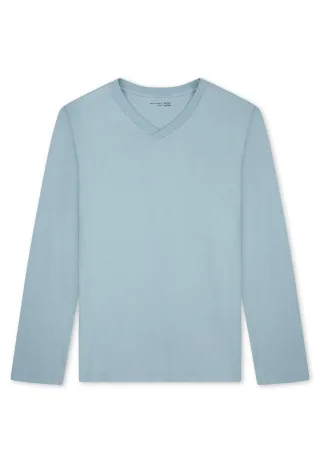 SCHIESSER - Langarmshirt V-Ausschnitt eisblau - Gr. - 48