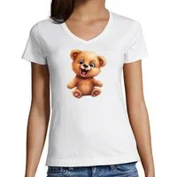 MyDesign24 T-Shirt Damen Wildtier Print Shirt - Baby Teddybär V-Ausschnitt Baumwollshirt mit Aufdruck Slim Fit i268