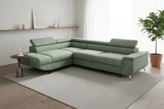 Ecksofa mit Schlaffunktion PLATO Sofa in Stoff Onega Flaschengrün Ottomane Links