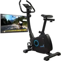 Skandika Heimtrainer Fahrrad Bragi, Hometrainer für Zuhause, 7 kg Schwungmasse, bis 120 kg (Handpulssensoren, Sattel horizontal und in der Höhe verstellbar), Magnetbremssystem, Kinomap, Transportrollen, Tablethalterung