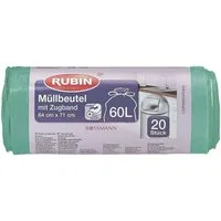 RUBIN Müllbeutel, 20 Stück/ Rolle, mit Zugband, 60 Liter, grün, reißfest, recycelbar