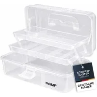 HMF Aufbewahrungsbox Nähkasten aufklappbar mit 3 Ebenen, Sortierbox mit 8 Fächern für, Kleinteile, 33 x 20 x 15 cm, Transparent