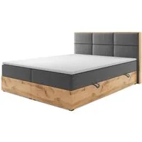 M-Punkt24 Boxspringbett Stockholm (Webstoff Grau, 180 x 200 cm), Eiche Holz, mit Bettkasten, mit Topper