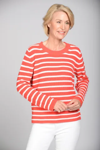 CLARINA - Rdh.-Pullover, Streifen 451 geranie-offwhite - Gr. - 42