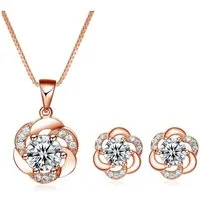 LuxusKollektion Ohrring und Ketten Set Schmuckset Silber 925 Halskette Blumen Ohrstecker Zirkonia Rose Gold