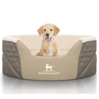 Knuffelwuff Orthopädisches Hundebett Lena aus Velours und Kunstleder mit hohem Schaumstoffrand braun/ beige XL