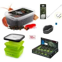 Delphin.sk Feederkorb Lachs-Krebs Feeder SET Pellets Box 400g + 10 Futterkörbe uvm. Karpfen, (25-St. Pellets + Booster + Köder+ Futterkörbe + Haken + Box + Form), Über 25 teiliges Set um erfolgreich auf Friedfische zu angeln