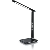 Brandson Schreibtischlampe Lederoptik LED Tischlampe dimmbar, Temperatur, Alarm, Kalenderfunktion, Tageslicht, 3 Lichtfarben, 5 Helligkeitsstufen, USB Lade Anschluss