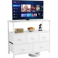 Refined Living TV-Schrank Stoffkommode mit 5 Schubladen mit Griffen stabilem Stahlrahmen (Hält 45“ TV mit offenen Regalen, Medienkonsole, Sideboards mit Holzoberfläche und Stoffschubladen TV-Board Lowboard) Kommode Geeignet für Kleidung, Kinder, Wohn