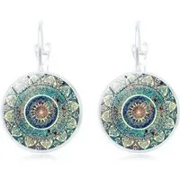 RAIKOU Ohrring und Ketten Set Mandala rund, Boho Vintage Ohrringe/ Kette mit Mandala Muster, Glas Cabochon Ohrhänger 2,8 cm