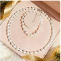 ibettertec Perlenketten-Set 8-9mm Perlenketten Set aus natürlichen Süßwasserperlen (Perlenkette Set, mit Armband, Ohrringe, Sterling-silber, 2-tlg., Damen Halskette, Schmuck Halskette, Perlenhalskette Hochwertige), Geschenk zum Muttertag, Geschenkbox