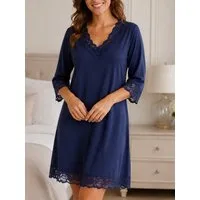 Elegant Love Nachthemd Damen Homewear-Kleid mit Spitze – V-Ausschnitt Komfortables Lounge- und Schlafkleid – Sleepshirt mit 3/4-Arm