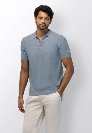State of Art - Fein gestricktes Poloshirt in melierter Optik mittelblau/wei� - Gr. - XL