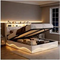 Simurq Polsterbett Doppelbett LED Stauraumbett 160x200 cm (Inkl. LED-Beleuchtung, Ladefunktion, Bettkasten), Versteckter Stauraum im Kopfteil Mit Komforthöhe Lattenrost
